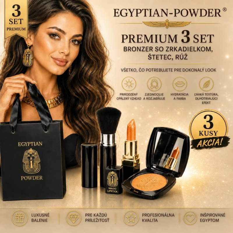 Egyptian-Powder ® Bronzer - Premium 3 Set / bronzer so zrkadielkom, štetec, rúž /