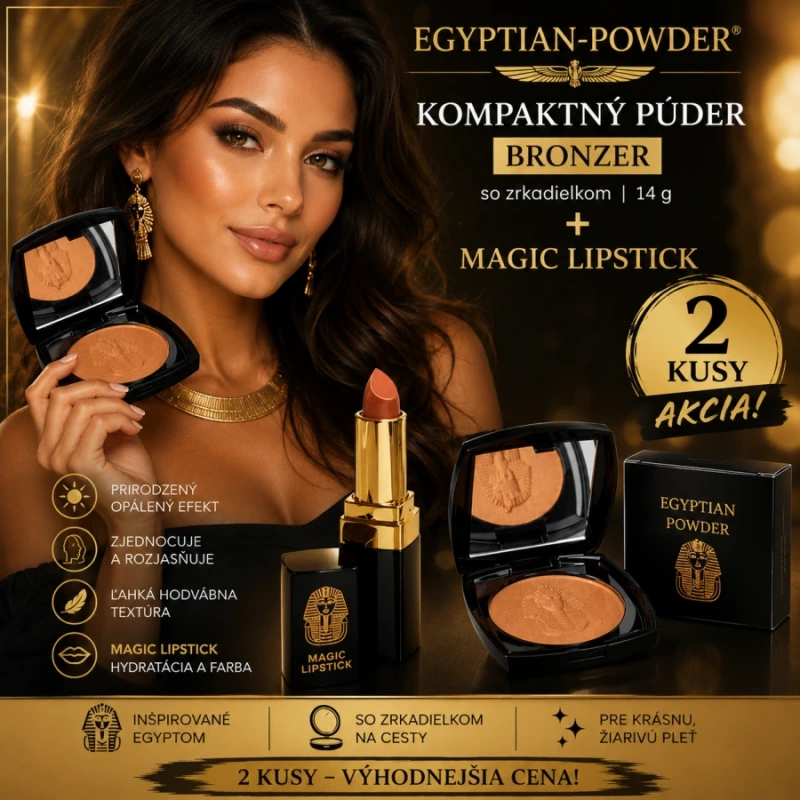 Egyptian-Powder ® - kompaktný púder 14g - bronzer so zrkadielkom + MAGIC LIPSTICK 4