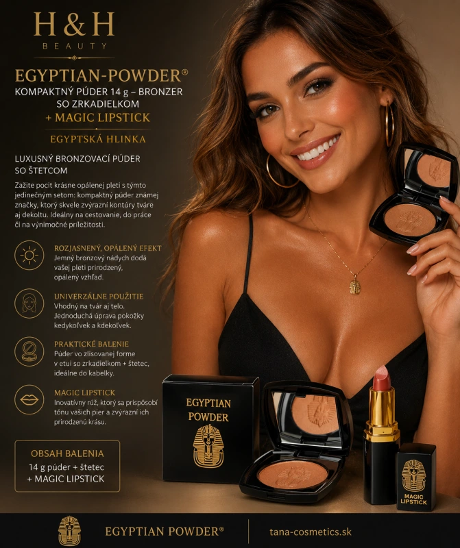 Egyptian-Powder ® - kompaktný púder 14g - bronzer so zrkadielkom + MAGIC LIPSTICK 3